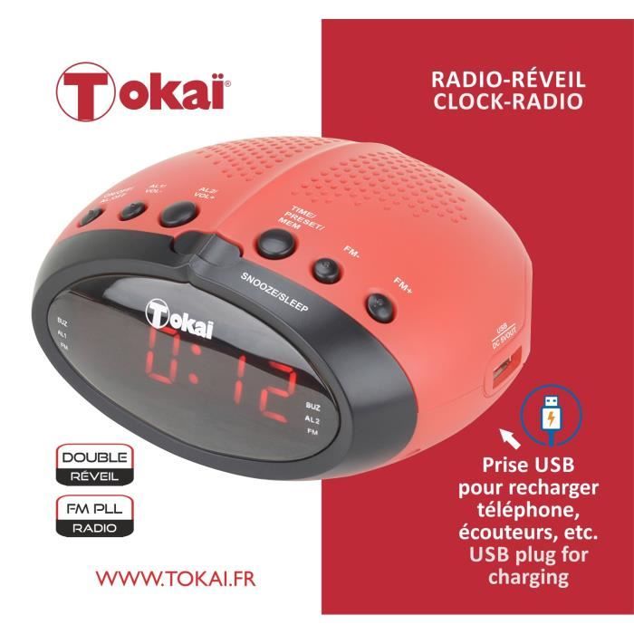 RADIO-RÉVEIL ROUGE AVEC PRISE USB POUR RECHARGE DE TÉLÉPHONE - TOKAï