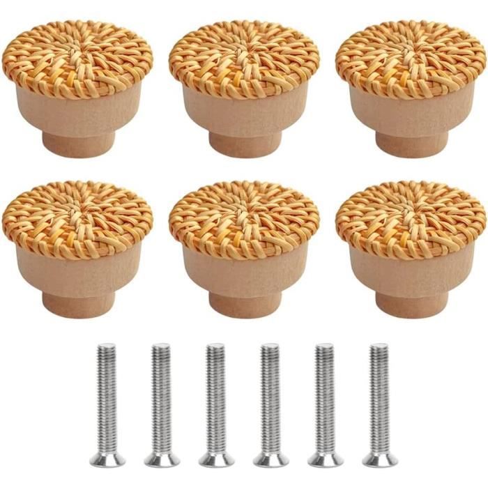 Lot De 12 Boutons De Tiroir En Rotin Bohème - Diamètre 4 Cm, Avec Vis - Style Vintage Fait Main
