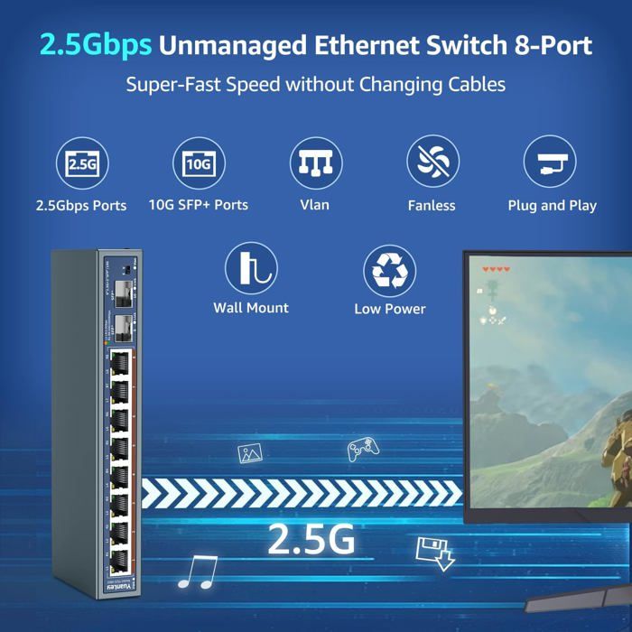 Switch Ethernet Non Géré 6 Ports 2.5G - 4 Ports Base-T 2.5G + 2 Ports SFP+ 10G - Plug And Play Pour NAS Et Réseau Haut Débit