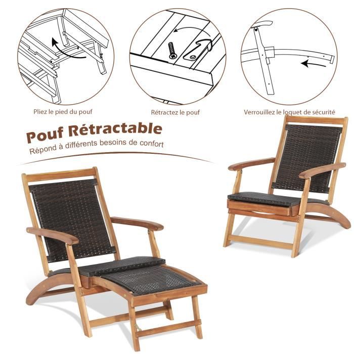 Chaise Longue à Bascule Pliable - Rotin PE Avec Repose-pieds - Support 150kg - Pour Jardin, Terrasse, Extérieur