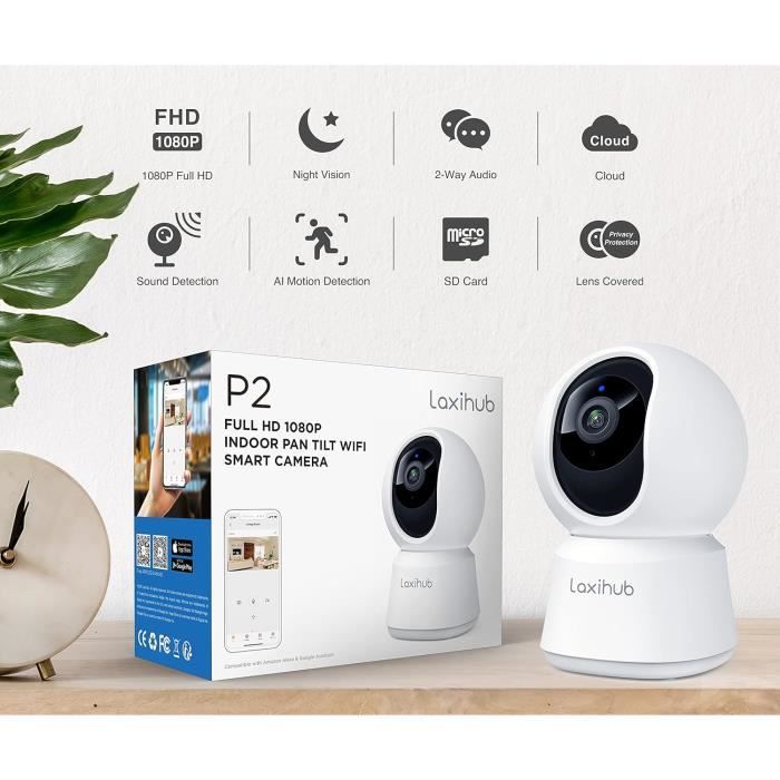 LAXIHUB Caméra WiFi 2K Intérieure 355° PTZ – Vision Nocturne, Suivi Auto, Audio Bidirectionnel Alexa/Google