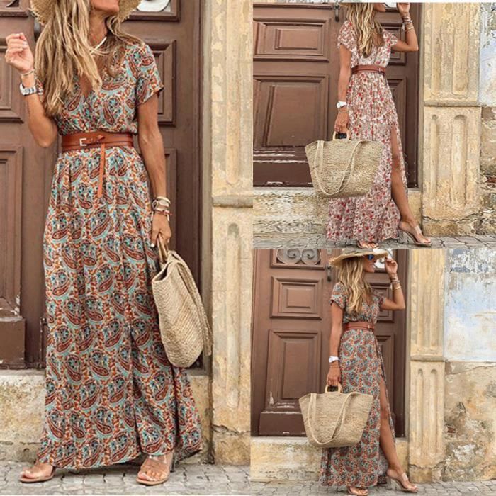 OS Robe longue fleurie a manches longues pour femmes marron