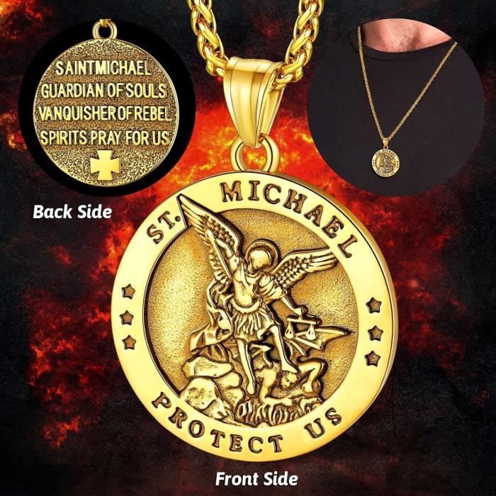 Collier Pendentif Archange Saint Michel - Acier Inoxydable, Chaîne 55+5 Cm, Boîte Cadeau, Bijou Protection Homme Femme