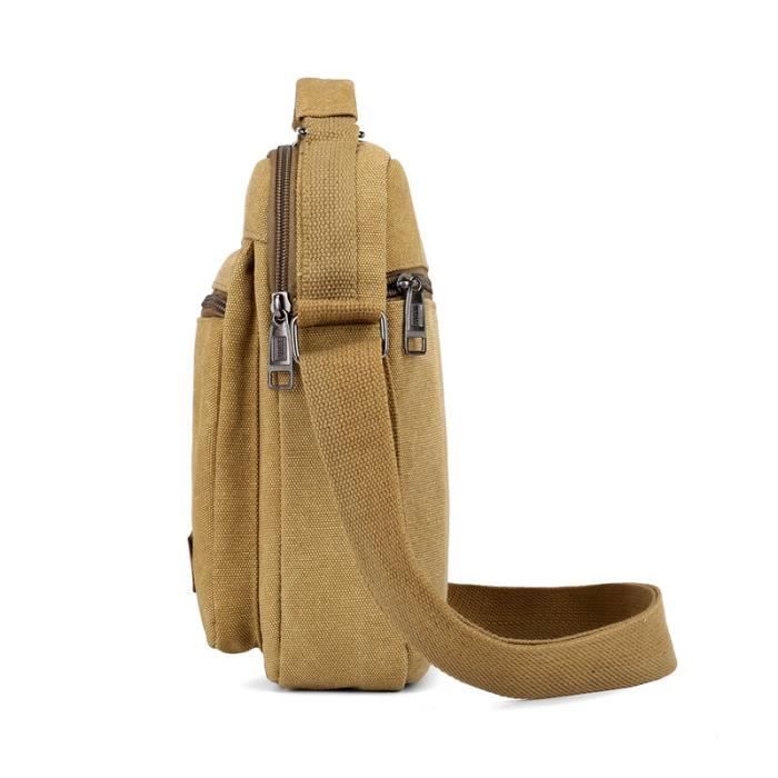 Sac Bandoulière Homme DORRISO - Toile Kaki - 23x28x26cm - Multi-poches - Style Casual