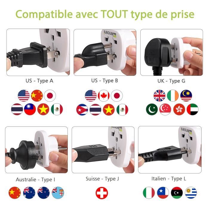 LENCENT Adaptateur Prise France vers Américaine USA 2 Colis,2500W  10A,2Broches FR vers 3Broches US Canada Mexique Pays prise Type B
