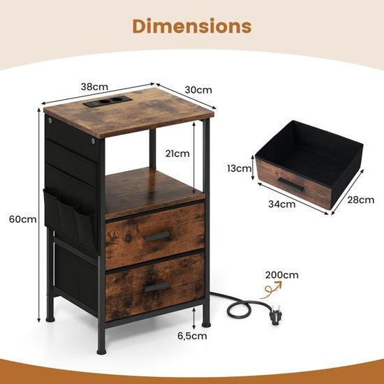 Table D’Appoint COSTWAY Avec Station De Charge Intégrée – Meuble Tourne-Disque Vinyle, 2 Prises + USB + Type-C, Style Marron Rustique