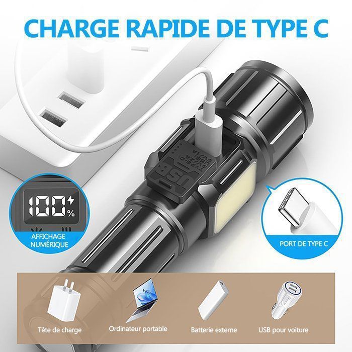 Lampe De Poche étanche IPX4 – Recharge USB-C – COB LED – Noir – Compacte 7cm