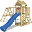 WICKEY Aire de jeux Portique bois RocketFlyer avec balançoire et toboggan bleu Maison enfant extérieure avec bac à sable-0