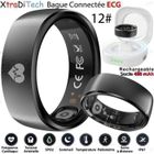 XtraDiTech Bague Connectée ECG Cadre12 Carré Noir Mat Moniteur VFC Fréquence Cardiaque SpO2 Sommeil Socle 480mAh Blanc