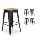 KOSMI Lot de 4 tabourets de bar en métal noir mat style industriel et assise en bois clair - Hauteur 66 cm