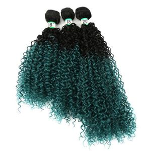 PERRUQUE - POSTICHE T1B-Green16inch 3pieces  -Tissage synthétique afro bouclé crépu noir à violet, extensions de cheveux ombrés en lot