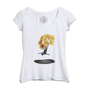 T-SHIRT T-shirt Femme Col Echancré Blanc Plongeur de Galaxie Collage Art Surréalisme Fleurs