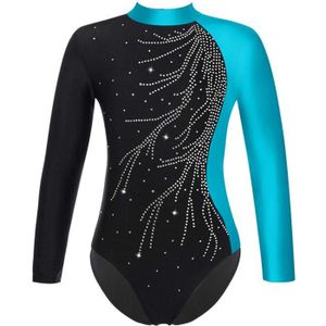 TUTU - JUSTAUCORPS iixpin Enfant Fille Justaucorps Gymnastique Strass Manches Longues Leotard Gym Patinage Tenue 5-16 Ans Bleu