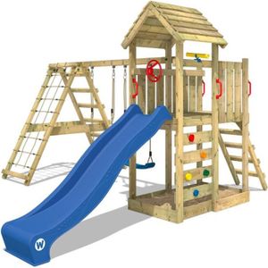 STATION DE JEUX WICKEY Aire de jeux Portique bois RocketFlyer avec balançoire et toboggan bleu Maison enfant extérieure avec bac à sable