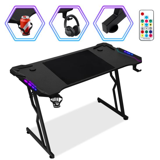 HLONONE Blue Gaming Table with LED, Ergonomic Gamer Table 120 x 60 cm, Gaming De