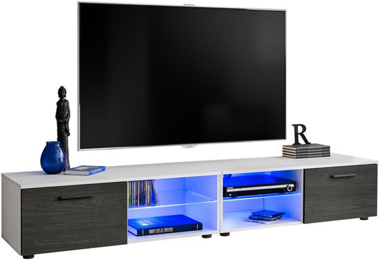 2x Meuble TV T32-100 - LED bleues - Carbone Mat & Blanc - Façades en Bois Mat - L200cm x H34.5cm x P45cm