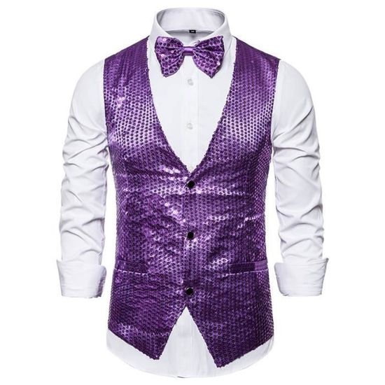 Caxndycing Gilet De Costume à Paillettes Brillantes Pour Homme - Col En V - Couleur Unie - Paillettes - Pour Fête - Sans Manches - Col En V - Blazer à Paillettes, Vin, L