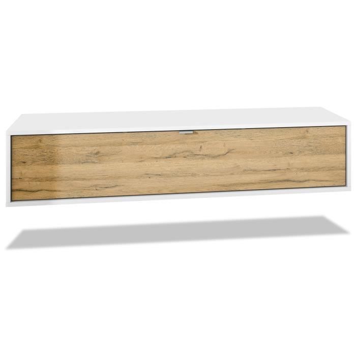 Meuble TV Lana 140 armoire murale lowboard 140 x 29 x 37 cm, caisson en Noir mat, façades en Chêne Nature