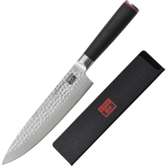 KOTAI - Couteau de chef en acier japonais inoxydable et ultra-tranchant - lame martelée et manche en pakkawood. Garanti à vie !