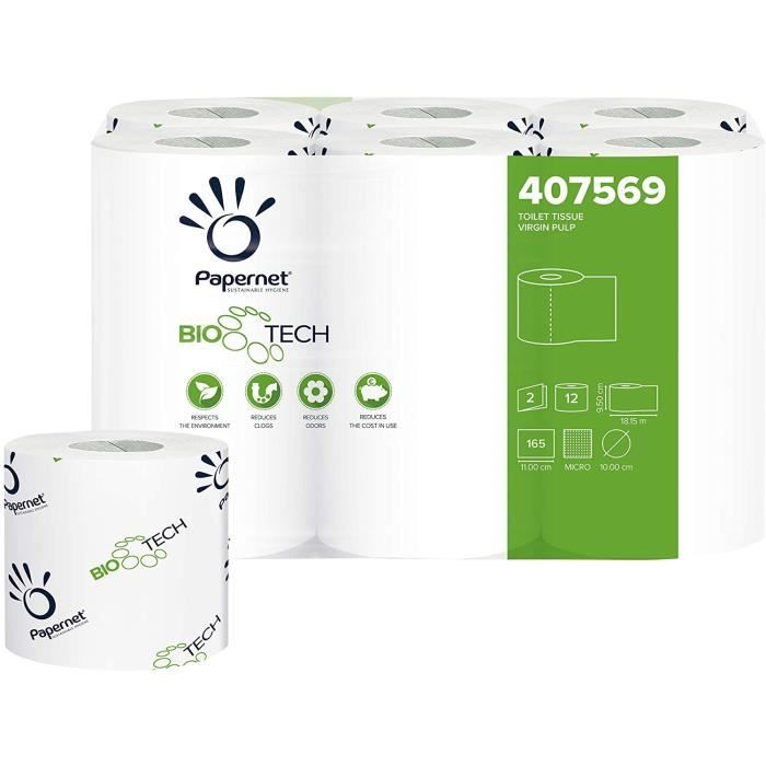 PAPIER TOILETTE Papernet 407569 Lot de 12 rouleaux de papier toilette Bio Tech, 2 voiles, 18,15 m x 12 rouleaux par paquet56