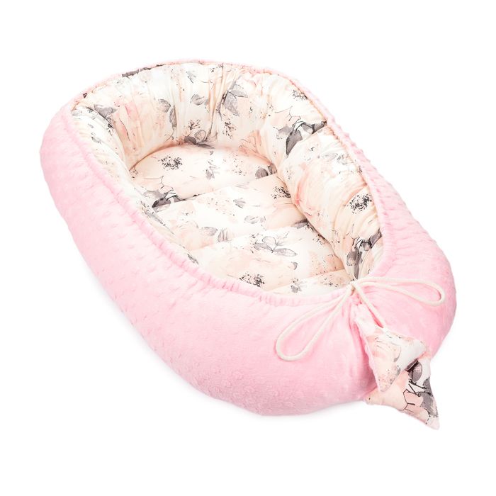 Réducteur Lit Bébé 90x50 cm - Matelas Cocoon Cale Bebe pour Lit Baby Nest Coton avec Minky Rose Clair avec Motif Rose Sauvage