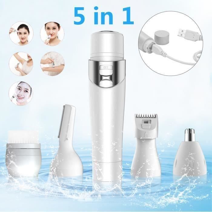 5 en 1 Epilateur Visage Rasoir Electrique Femme Rasoirs Sourcil Tondeuse USB Rechargeable Rasage Sans Fil 600mAh ma47030