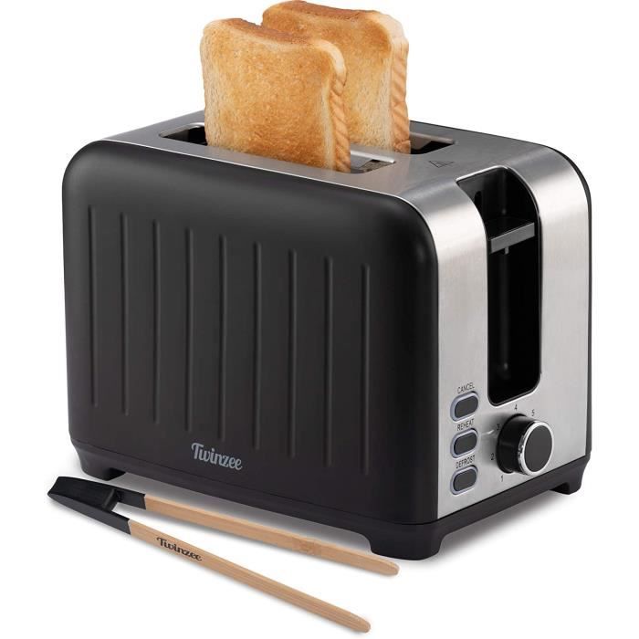 Twinzee - Grille Pain 3 en 1 - Noir Mat en Inox - 2 Large Fente - Toaster Rétro - Pince en Bambou Gratuite - 7 Niveaux de Brunissage