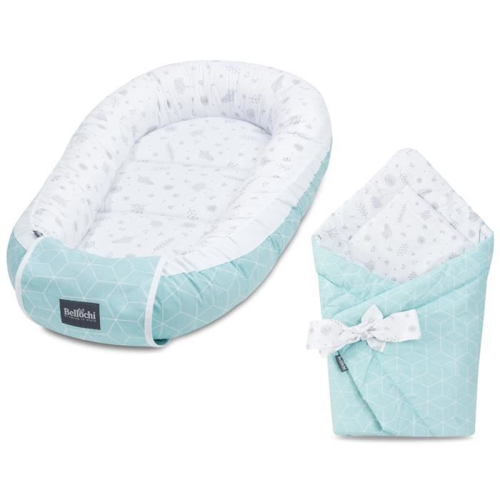 Bellochi Set 2 in 1 Reducteur de Lit Bebe et Universelle Nid d'Ange Bebe - 100% Coton - Certifié OEKO-TEX - CuMint