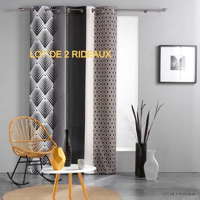 Lot de 2 rideaux a oeillets 140 x 260 cm polyester imprime galileo Noir