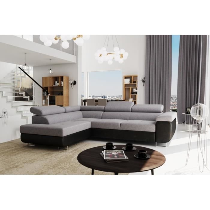 UTON - Canapé d'angle gauche convertible avec coffre de rangement gris clair et noir