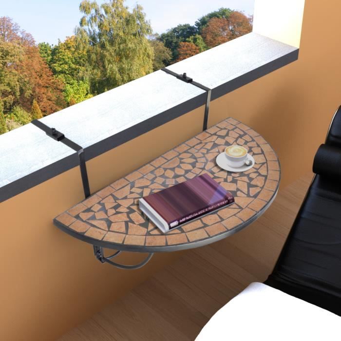 Table de Jardin Table de balcon Pliante suspendue en Mosaïque Demi-circulaire Terre cuite et Noir