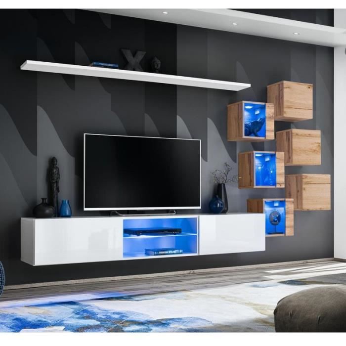 Ensemble Meuble Tv -switch Xxi- 180cm Blanc & Naturel - Paris Prix