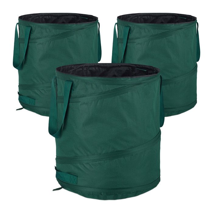 Relaxdays Sac de jardin Pop-Up, Sac de déchets, Lot de 3 feuilles mortes jardin 85 litres jardinage: ∅ 46 cm, vert - 4052025264376