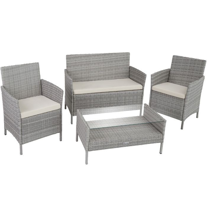 TECTAKE Salon de jardin MADERE - 2 Chaises Fauteuils, 1 Banc, 1 Table en Résine Tressée Structure Acier Gris Clair