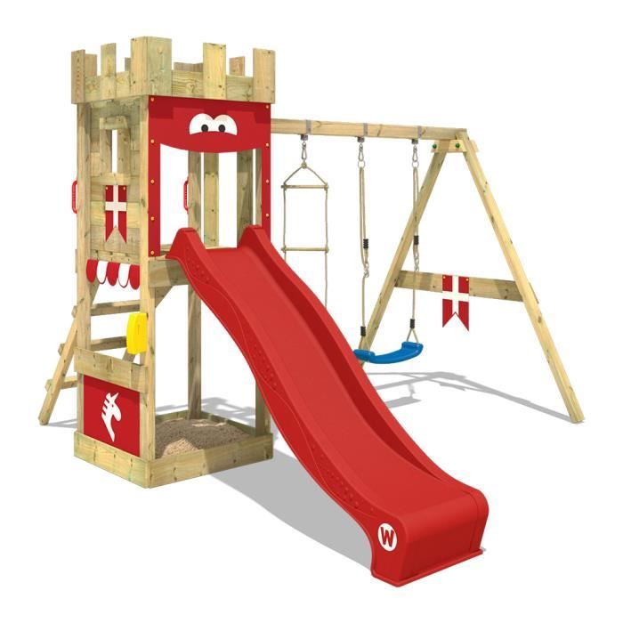 Aire de Jeux WICKEY KnightFlyer Portique en bois Tour d´escalade avec balançoire, toboggan et bac à sable