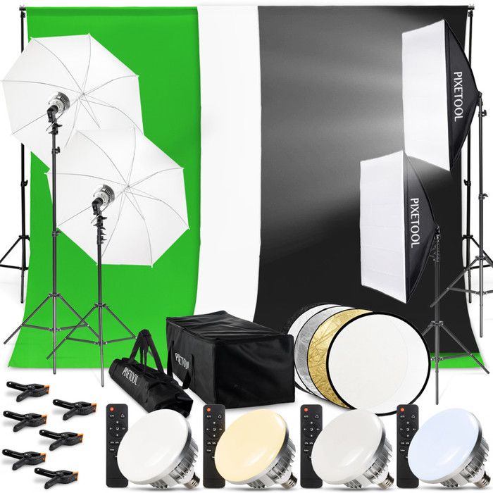 Kit Support Toile Fond Studio EMART - 3 Toiles Mousseline 2,6x3m (Noir, Blanc, Vert)