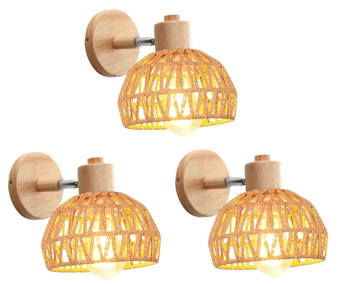 IDEGU 3pcs Rétro Applique Murale Intérieur Industriel 20cm Lampe Murale Réglable en Bois et Rotin Luminaire Murale Vintage