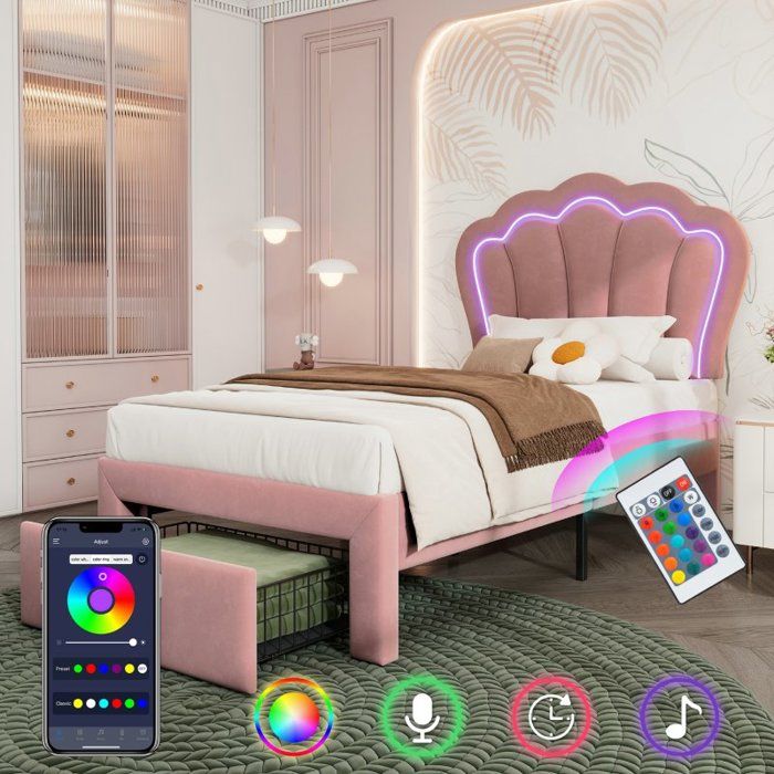 Lit enfant - LANGTU - WF325673AAR - 90x190 cm - Velours rose - LED RVB contrôlable (APP) & tiroir