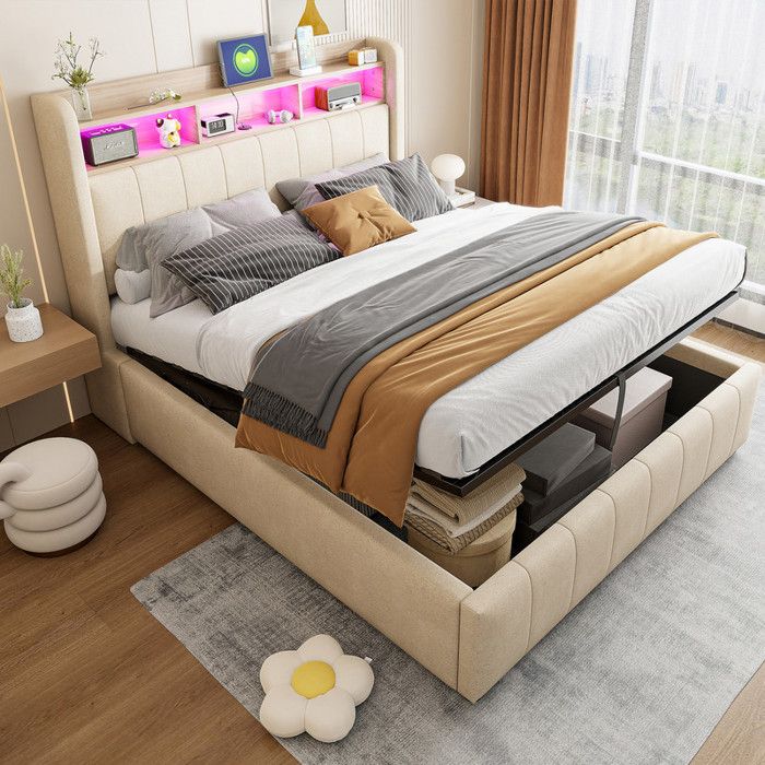 Lit coffre capitonné 140x200 cm - Avec éclairage LED + prise USB - Avec rangements - Lin - Beige (matelas non inclus) Lit coffre capitonné 140x200 cm - Avec éclairage LED + prise USB - Avec rangements - Lin - Beige (matelas non inclus)