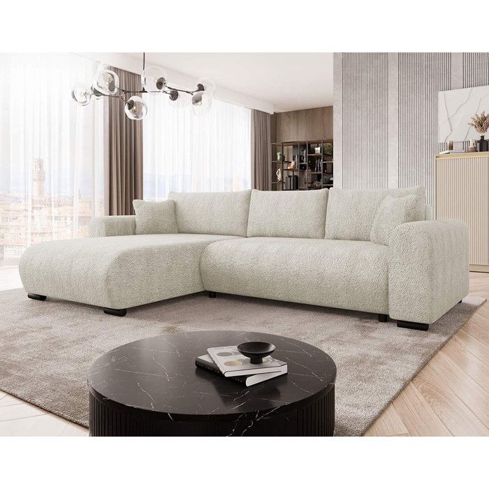Rosalie - Canapé dangle réversible 4 places convertible avec coffre en tissu bouclette - Beige