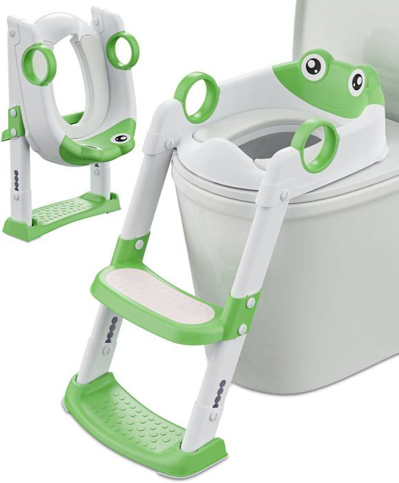 Siège Réducteur WC Enfant Kixolo - 2 En 1 Avec Marches - Hauteur Réglable, Antidérapant, Pliable (Vert/Blanc)