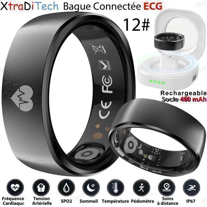 XtraDiTech Bague Connectée ECG Cadre12 Carré Noir Mat Moniteur VFC Fréquence Cardiaque SpO2 Sommeil Socle 480mAh Blanc miTransparent
