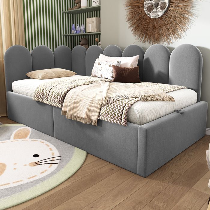 Lit banquette avec rangement 90x200 cm - Tissu en velours - Avec sommier à lattes - Gris (sans matelas)