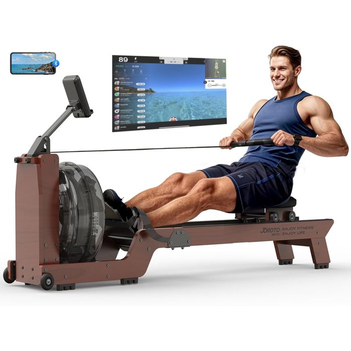 Rameur à Eau JOROTO MR380 – Bois FSC, Réservoir 28L, Charge 158 Kg, Bluetooth Kinomap, Moniteur Complet, Pliable