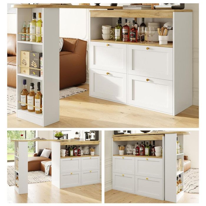 Table de bar pivotante à 360° 105x39x102 cm avec 4 tiroirs et étagères ouvertes Ilot central cuisine a adaptée à blanc