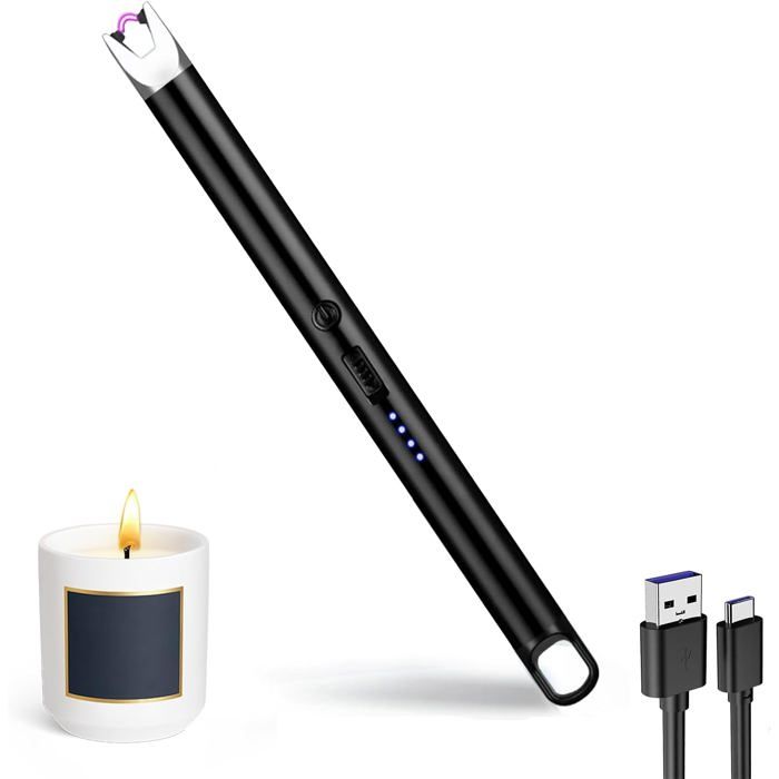 HOTERB Allume Bougie Électrique USB Rechargeable, Briquet Arc Électrique Coupe-Vent Long Avec Port Type C pour Bougie, Gazinière, Barbecue (Argent