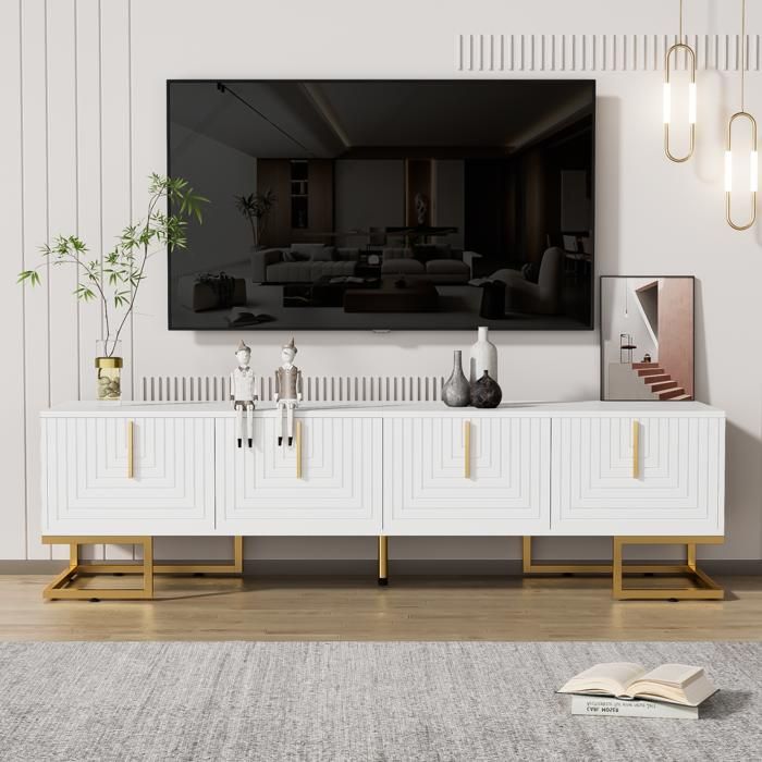 Meuble TV Blanc Design Moderne avec 4 Portes Rangement Pieds Dorés & Charnières Soft-Close 170x40x455 cm Blanc