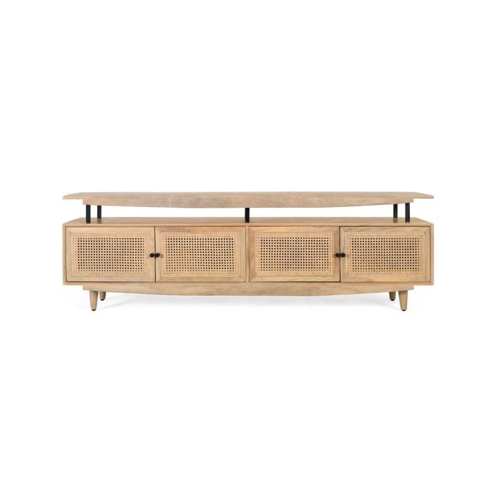 Meuble TV en bois de manguier - 180x43x58 cm - 4 portes - Style nordique - Bois massif - Verni - Naturel Meuble TV en bois de manguier - 180x43x58 cm - 4 portes - Style nordique - Bois massif - Verni - Naturel