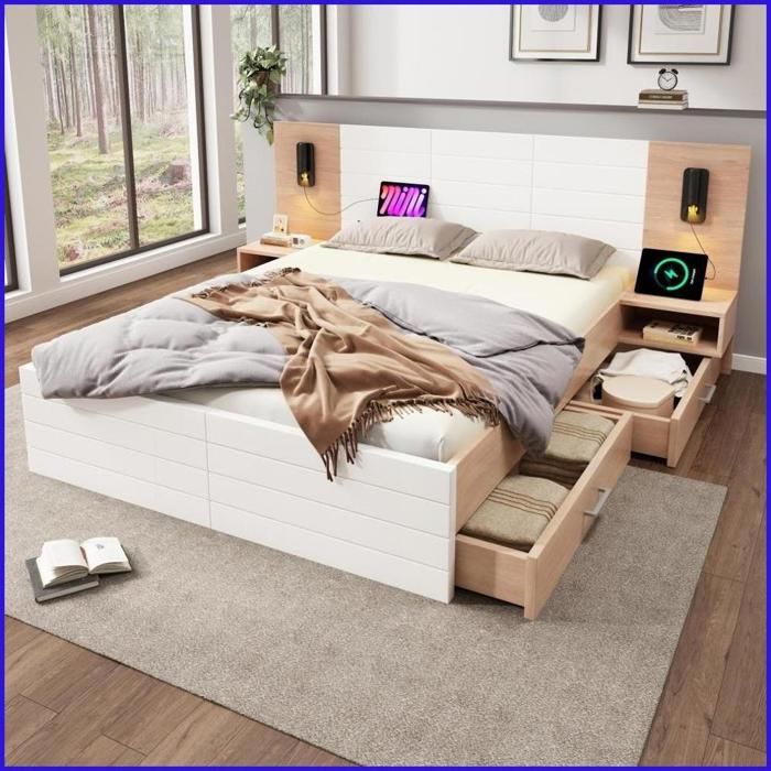 Lit Double 140x200cm - Ensemble Tables de Chevet Lampe USB & Schubladen - Blanc/Chêne Clair