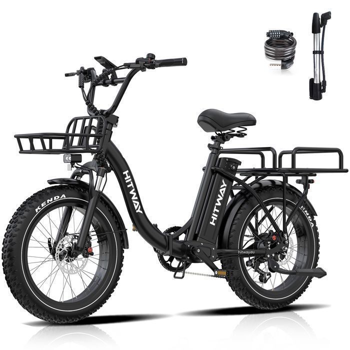 HITWAY Vélo Électrique 20 x 4.0 VAE - Batterie au Lithium Amovible 48V25Ah - Moteur 250W - 7 Vitesses - Autonomie 90-200 km -Noir